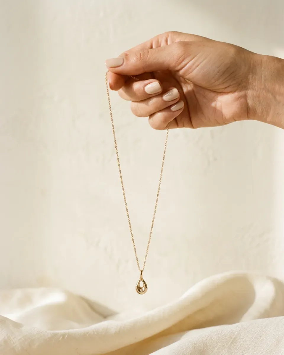 صورة إعلانية ليد نسائية تمسك سلسلة ذهبية متدلية أمام خلفية كريمية بإضاءة دافئة